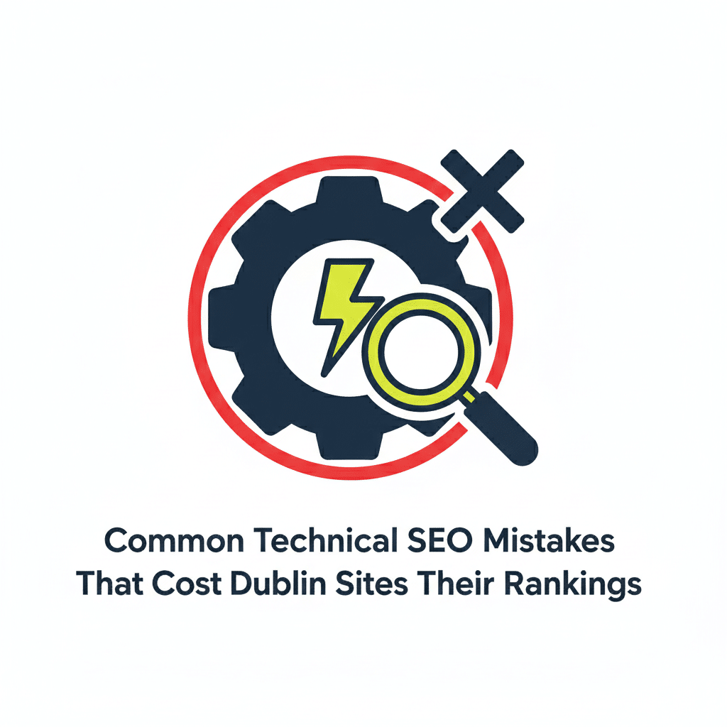 Icon showing a magnifying glass identifying broken website gears in Dublin.