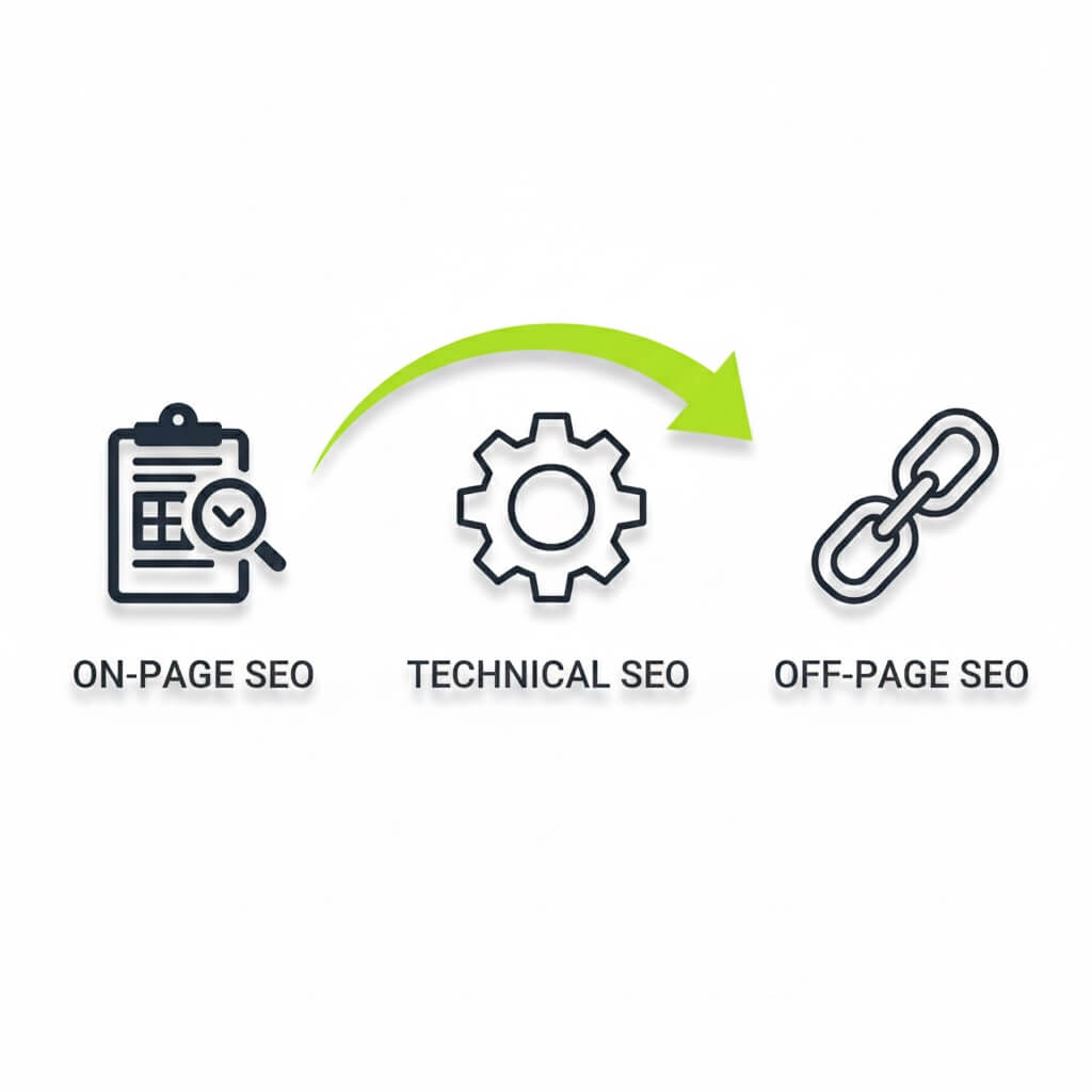 Our Three pillars for SEO: On-page SEO Technical SEO, Off-page SEO